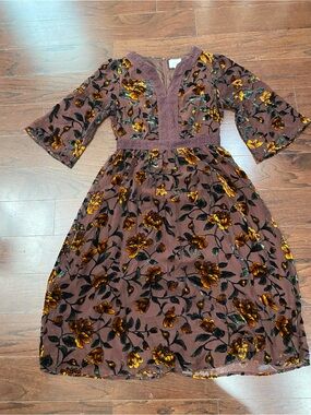 SALT Midi Dress Small Brown Floral Burn Out Velvet Romantic Floral